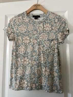 Sanctuary Pocket Tee Sz XS w MEASUREMENTS Abstract Floral Print Blue Cream Tan